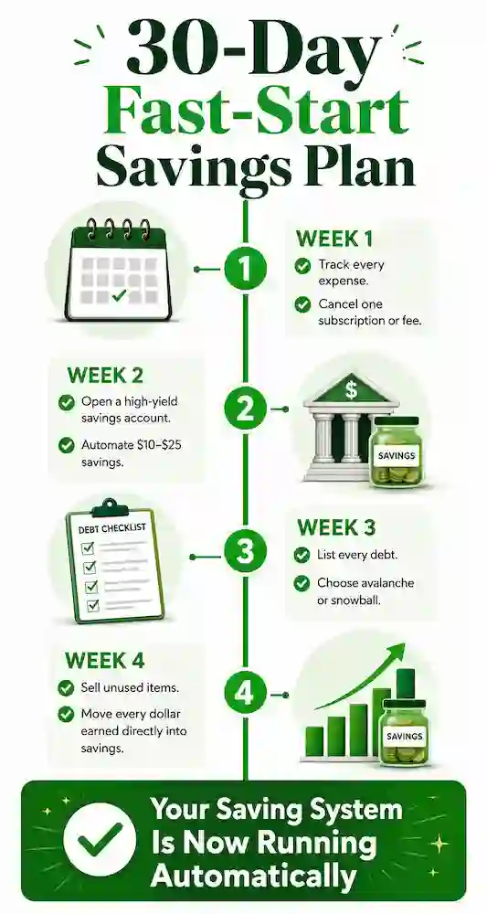 30-Day Fast-Start Savings Plan	30-day savings plan timeline outlining weekly actions to build savings on a low income through budgeting, automation, debt management, and extra income.