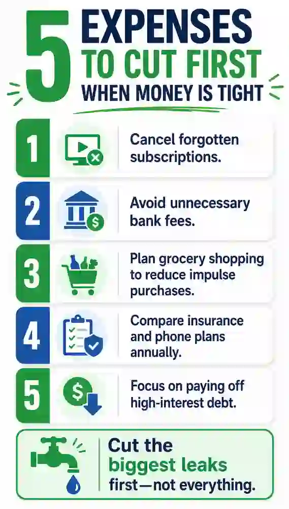 Expenses to Cut First	Infographic highlighting five expenses to reduce first when money is tight, including subscriptions, bank fees, groceries, insurance, and high-interest debt.