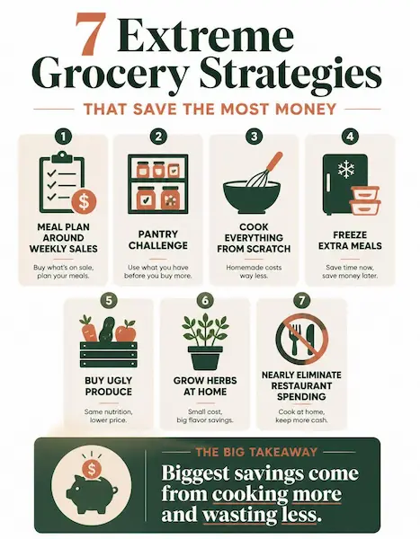 Extreme grocery strategies infographic showing meal planning, pantry challenges, cooking from scratch, freezing meals, buying discounted produce, growing herbs, and reducing restaurant spending to save money.