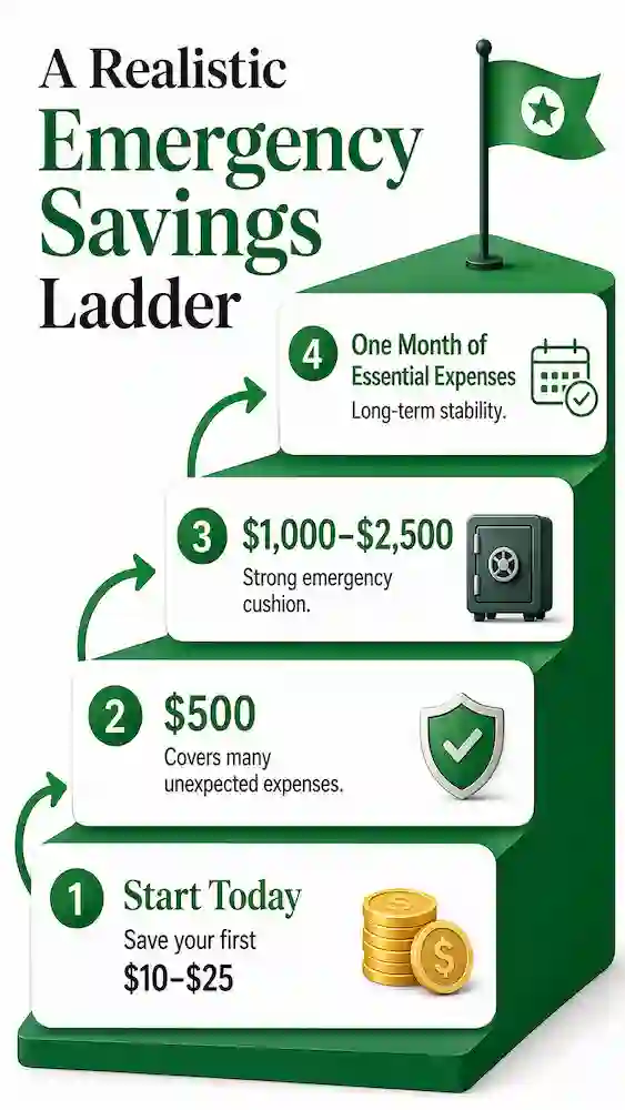 Emergency Savings Ladder	Emergency savings ladder showing realistic milestones from $10–$25 to $500, $1,000–$2,500, and one month of essential expenses.