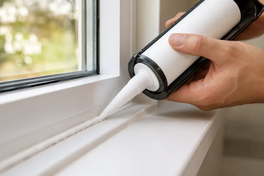 Sealing air leaks around a window with caulk to improve home energy efficiency.