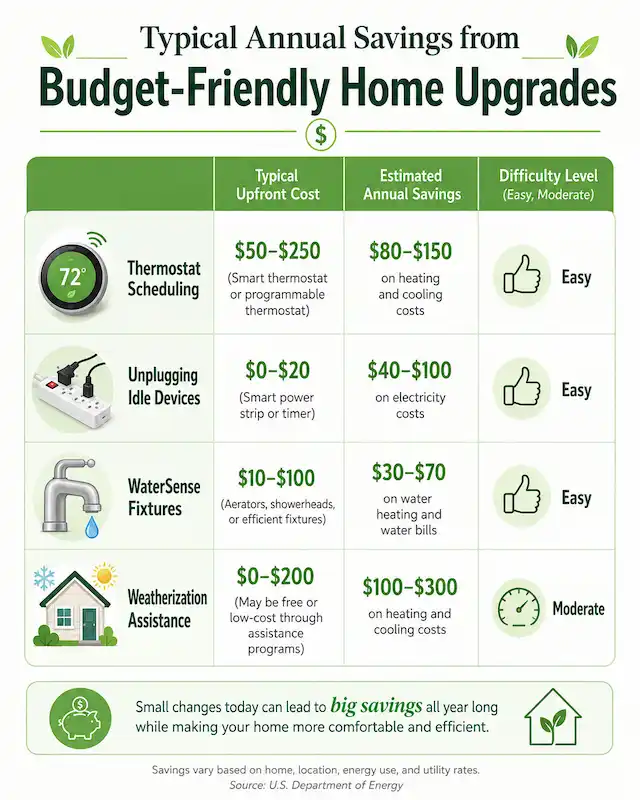 Comparison of upfront costs and typical annual savings from sustainable home improvements.