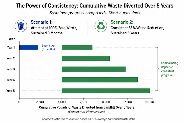 Chart comparing zero waste lifestyle progress over perfection approach versus all-or-nothing effort