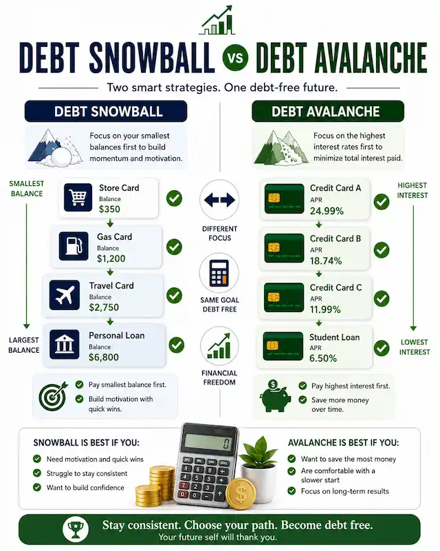 Comparison infographic explaining the debt snowball and debt avalanche methods for paying off high-interest debt.