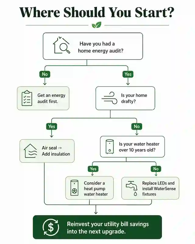 Sustainable home improvement decision flowchart helping homeowners prioritise energy audits, insulation, water heating and efficiency upgrades.
