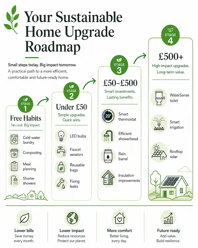 Roadmap showing sustainable home upgrades from free habits to major investments.