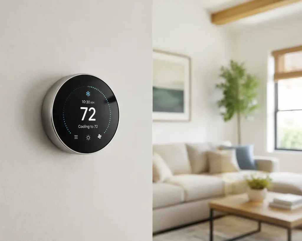 ENERGY STAR certified smart thermostat mounted on a living room wall