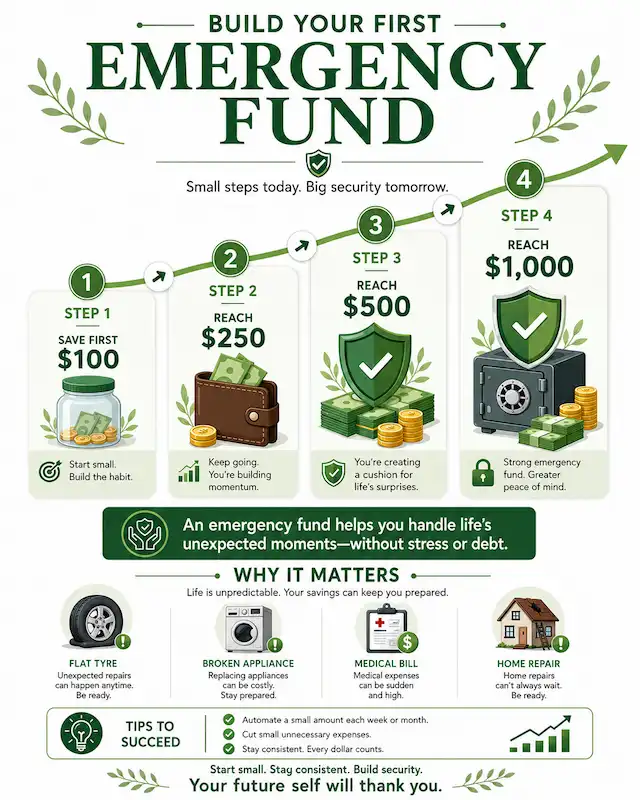 Emergency fund roadmap infographic showing savings milestones from $100 to $1,000 for unexpected expenses.