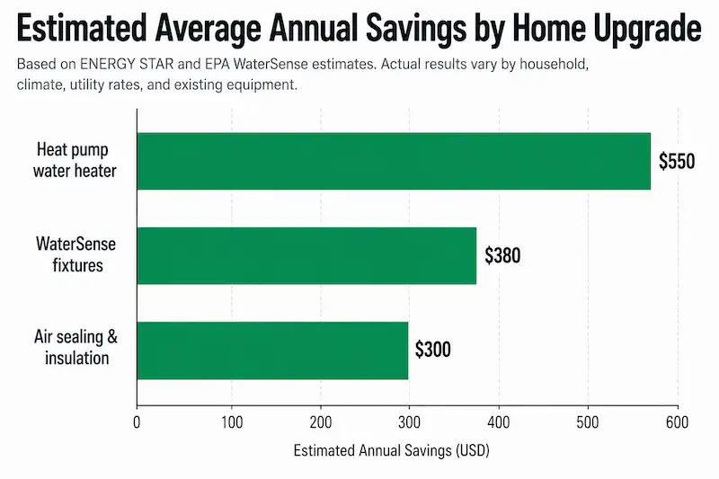 Bar chart comparing estimated annual savings from heat pump water heaters, insulation, smart thermostats, LED lighting and WaterSense upgrades.