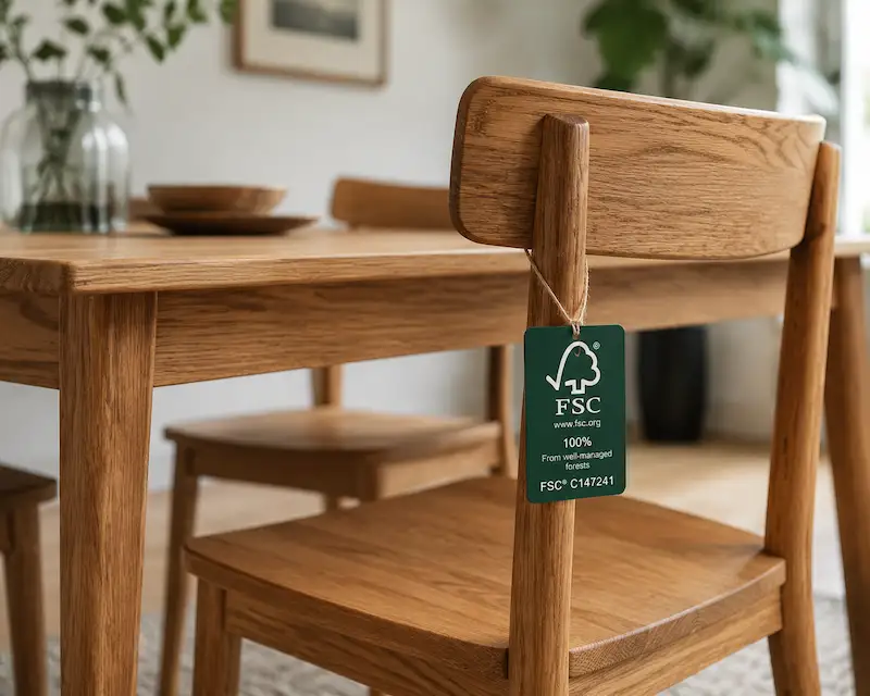 FSC-certified wood furniture with certification label visible.