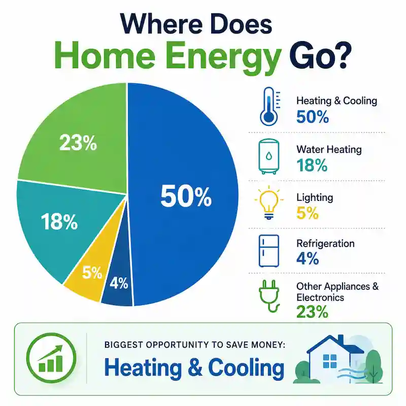 Pie chart showing where home energy is used, including heating and cooling, water heating, lighting, refrigeration and appliances.