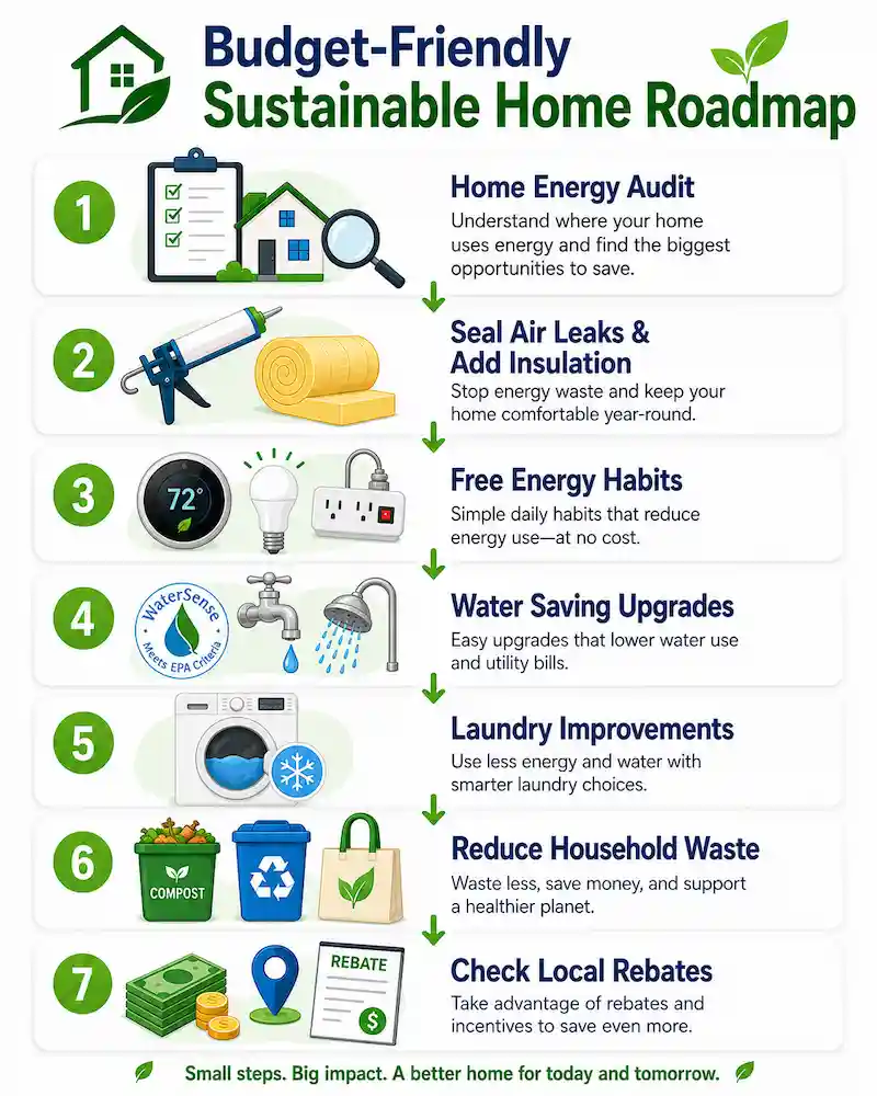 Seven-step roadmap showing the recommended order for making a home more sustainable on a budget.