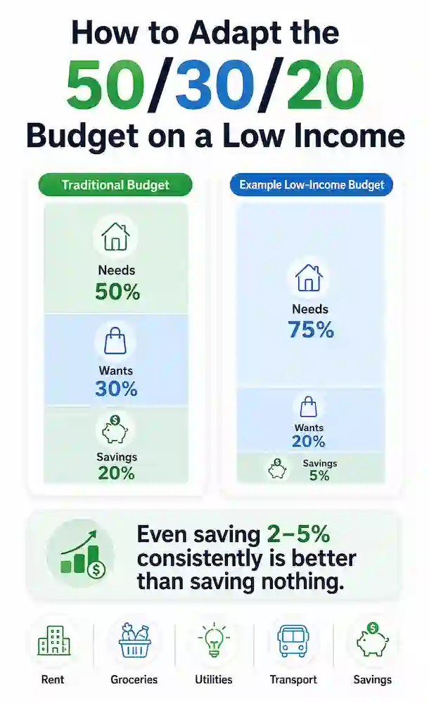 50/30/20 Budget Infographic	Infographic comparing the traditional 50/30/20 budget with a realistic low-income budget that prioritises essential expenses while saving a small percentage.