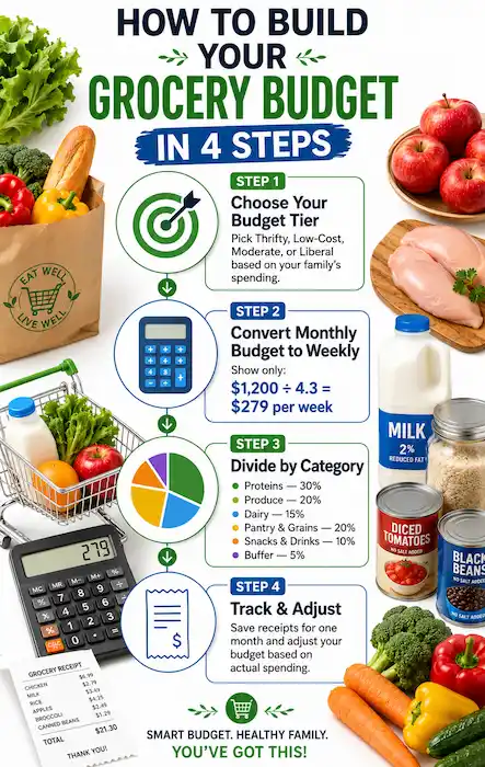 Four step grocery budgeting process for a family of 4