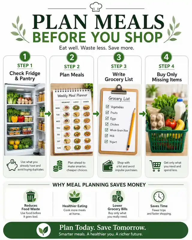 Meal planning infographic showing how checking the pantry, planning meals, making a grocery list, and shopping strategically can reduce food costs.