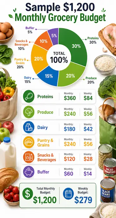 Sample grocery budget for a family of 4 by category allocation