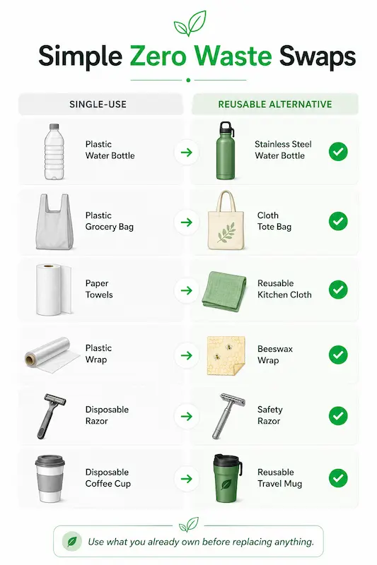 Simple Zero Waste Swaps comparison infographic featuring reusable alternatives to single-use items, including reusable bottles, tote bags, kitchen cloths, beeswax wraps, safety razors, and travel mugs.