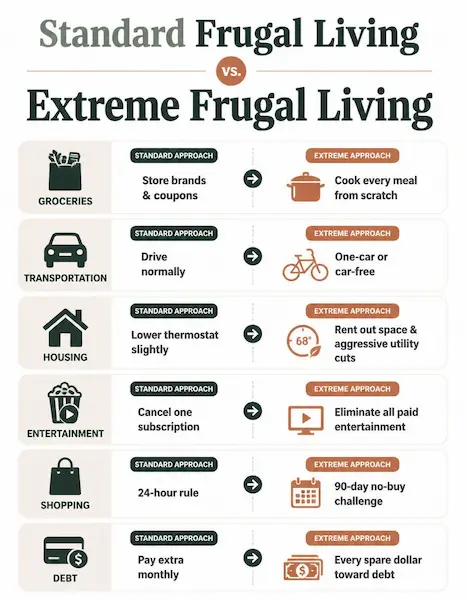 Standard frugal living vs extreme frugal living comparison infographic showing differences in groceries, transportation, housing, shopping, entertainment, and debt repayment strategies.