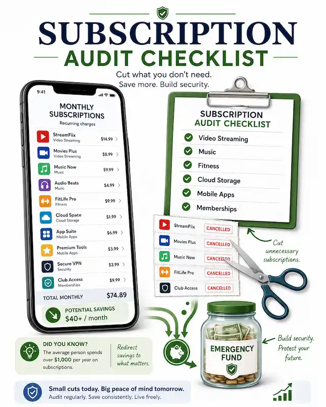 Subscription audit checklist infographic showing recurring monthly subscriptions to review and cancel to save money.