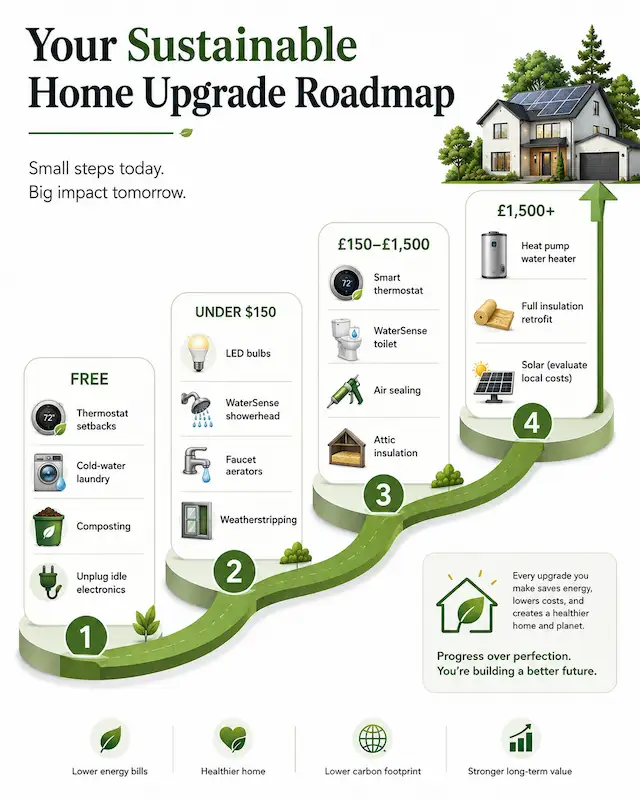 Sustainable home upgrade roadmap showing free, low-cost and major home improvements to reduce energy and water bills.