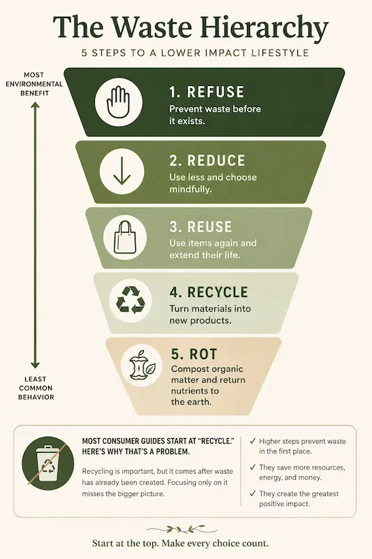 Zero waste lifestyle hierarchy infographic showing the 5 R's from refuse to rot