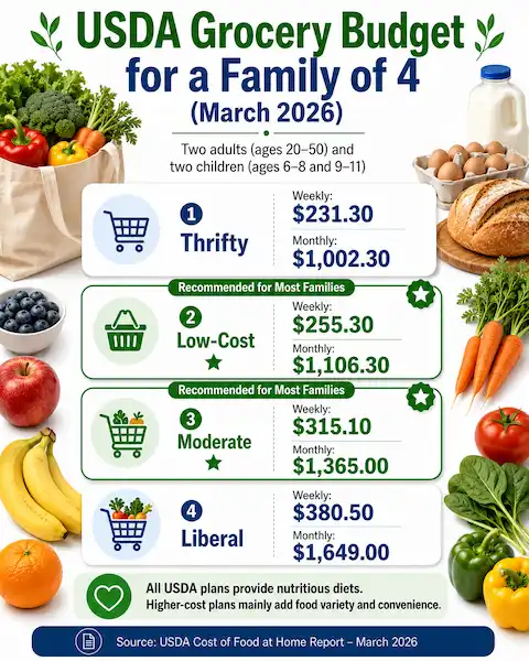 USDA grocery budget for a family of 4 spending comparison chart
