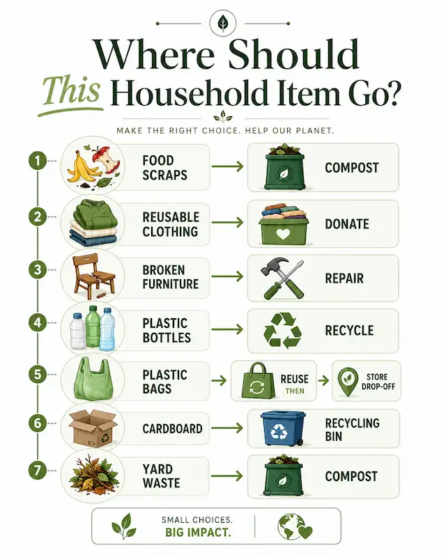 Household waste sorting flowchart showing compost, recycling, repair and donation options.