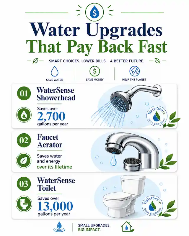 Comparison of WaterSense showerheads, aerators and toilets with water-saving benefits.