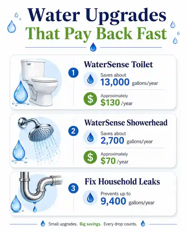 Infographic showing annual water and cost savings from WaterSense toilets, showerheads and fixing household leaks.