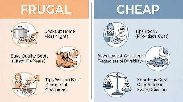 frugal living tips illustration showing the difference between frugal and cheap spending habits