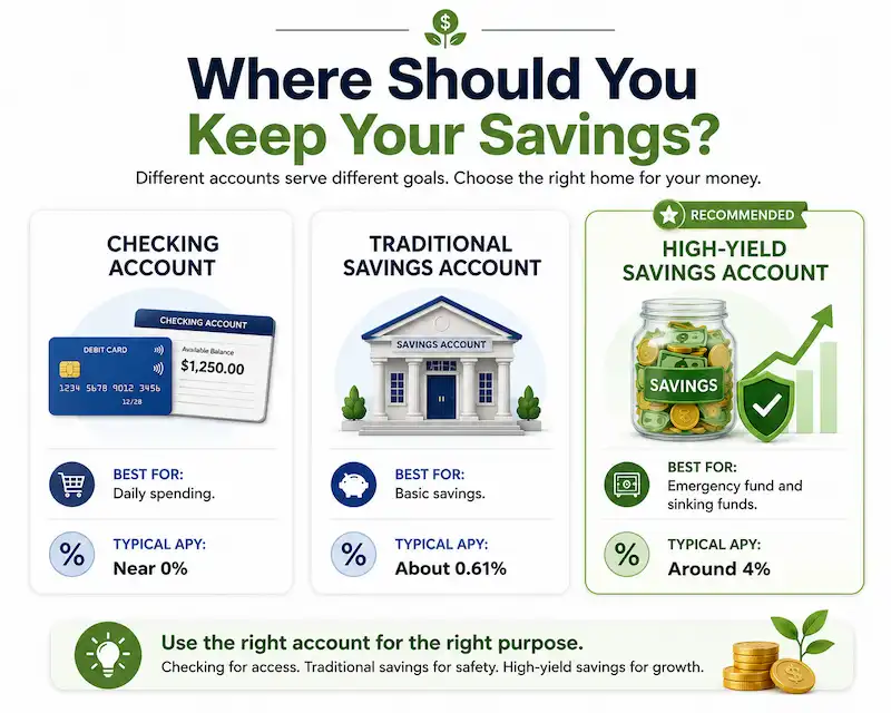 Comparison infographic showing checking accounts, traditional savings accounts, and high-yield savings accounts for emergency savings.