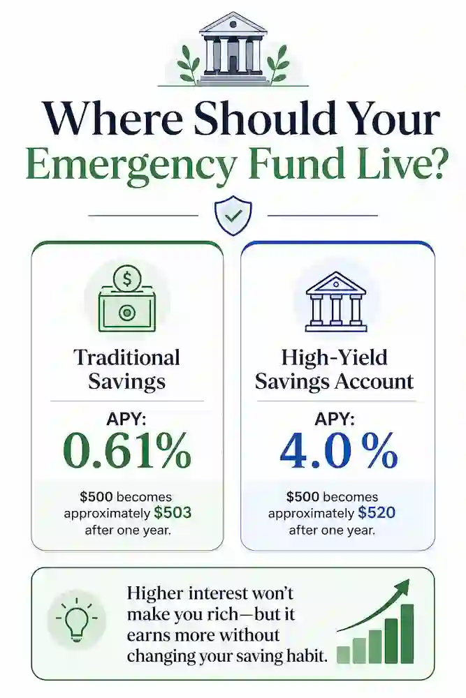 High-Yield Savings Comparison	Comparison of a traditional savings account and a high-yield savings account showing how $500 grows over one year at different interest rates.