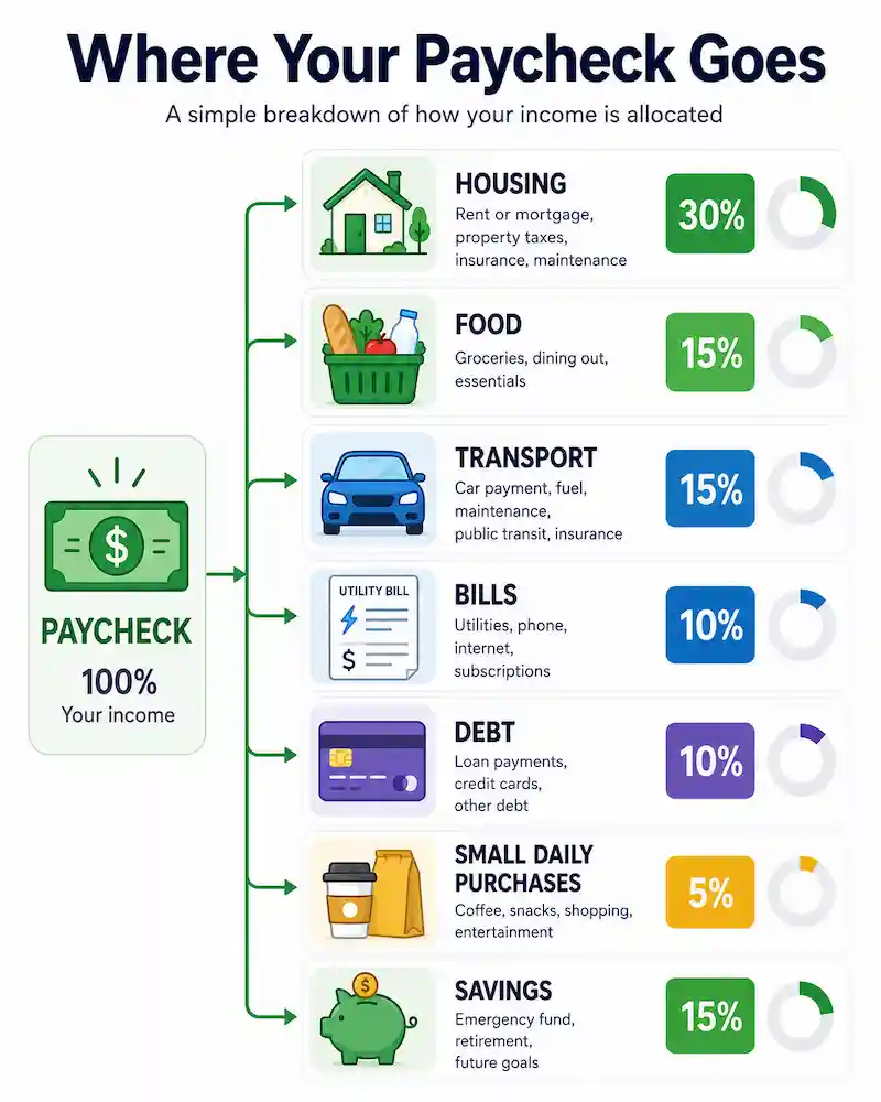 Infographic showing how a paycheck is divided between housing, food, transportation, bills, debt payments, daily purchases, and savings.