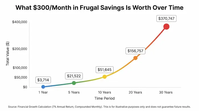 frugal living tips compound savings chart showing growth of 300 dollars per month over 30 years