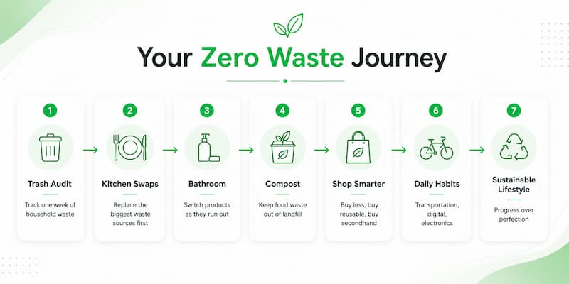 Your Zero Waste Journey roadmap infographic illustrating seven beginner-friendly steps including trash audit, kitchen swaps, bathroom swaps, composting, smarter shopping, daily habits, and sustainable living.