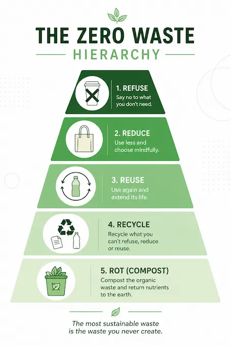 Zero Waste Hierarchy pyramid infographic showing the five sustainability priorities: Refuse, Reduce, Reuse, Recycle, and Rot (Compost), with eco-friendly icons on a clean white background.