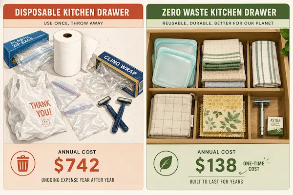 Zero waste kitchen swaps comparison showing disposable versus reusable products and costs