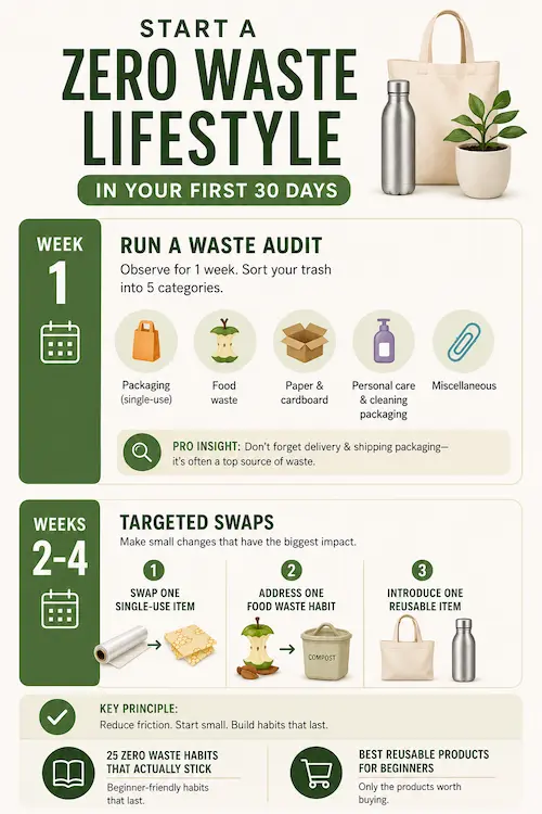 infographic showing a 30-day zero waste lifestyle plan with a waste audit, reusable swaps, food waste reduction, and beginner sustainability tips.