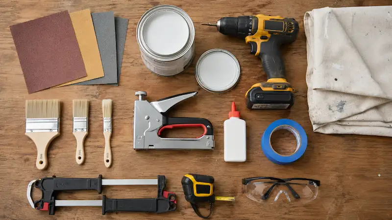 Essential beginner upcycling tools including sandpaper, paint, brushes, drill, clamps, wood glue, tape measure, safety glasses, and staple gun on a wooden table.