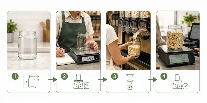 Four-step infographic demonstrating how to shop at a bulk food store by weighing an empty glass jar, filling it with dry goods, and paying by net weight.