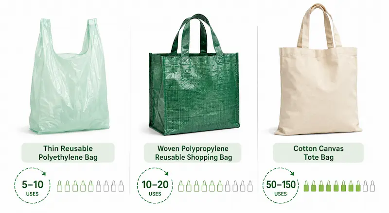 Comparison infographic showing reusable shopping bag types and the estimated number of uses needed for polyethylene, woven polypropylene, and cotton canvas tote bags.