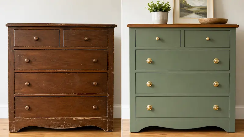 Before and after upcycling transformation of an old wooden dresser into a modern sage green painted chest with brass knobs.