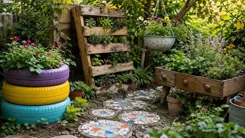 Creative upcycled garden featuring painted tire planters, a pallet vertical garden, mosaic stepping stones, and a repurposed dresser planter.