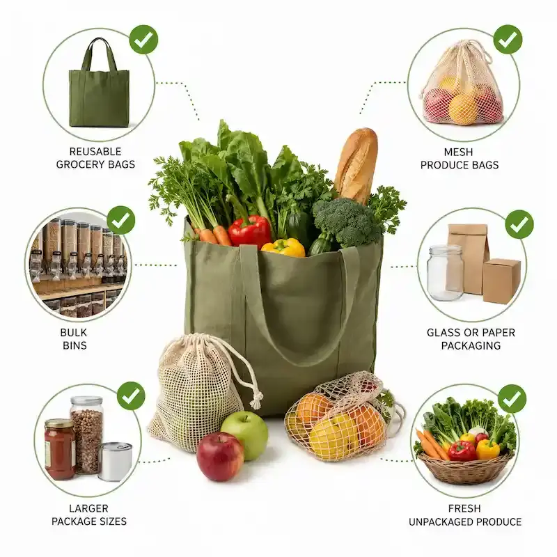 Grocery shopping checklist with reusable bags, bulk bins, and plastic-free packaging options.