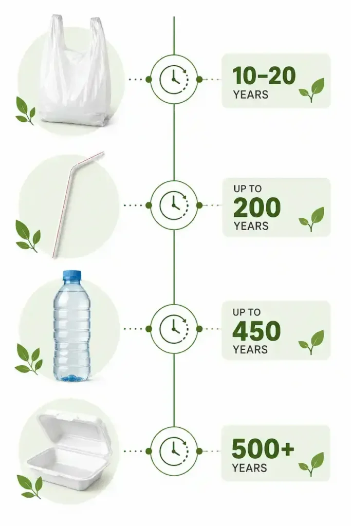 Plastic decomposition timeline showing lifespan of bags, straws, bottles, and foam containers.