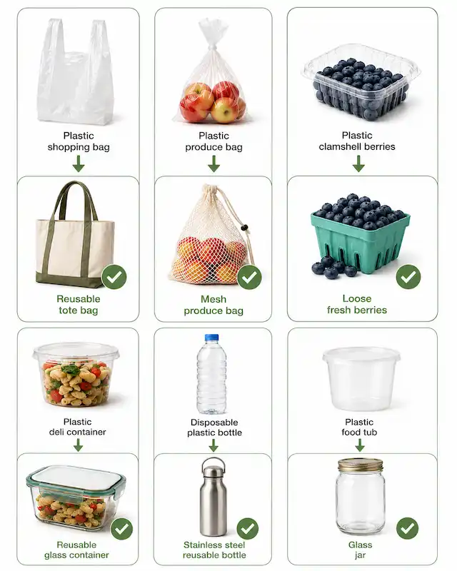 Infographic showing six plastic-free grocery swaps, including reusable tote bags, mesh produce bags, loose berries, glass food containers, stainless steel water bottles, and glass jars replacing single-use plastic packaging.