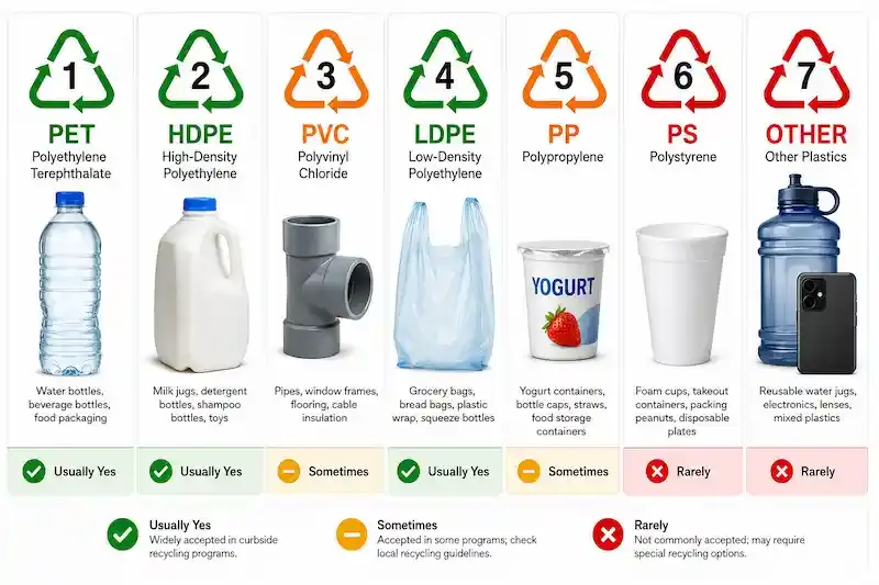 Plastic recycling codes chart showing PET, HDPE, PVC, LDPE, PP, PS, and other plastics with recyclability.