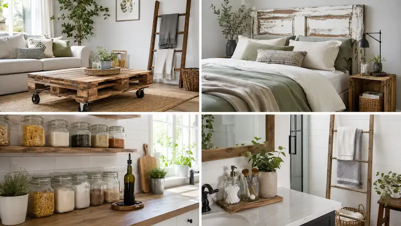 Collage of upcycled home decor projects including a pallet coffee table, reclaimed wood headboard, glass jar kitchen storage, and bathroom accessories.