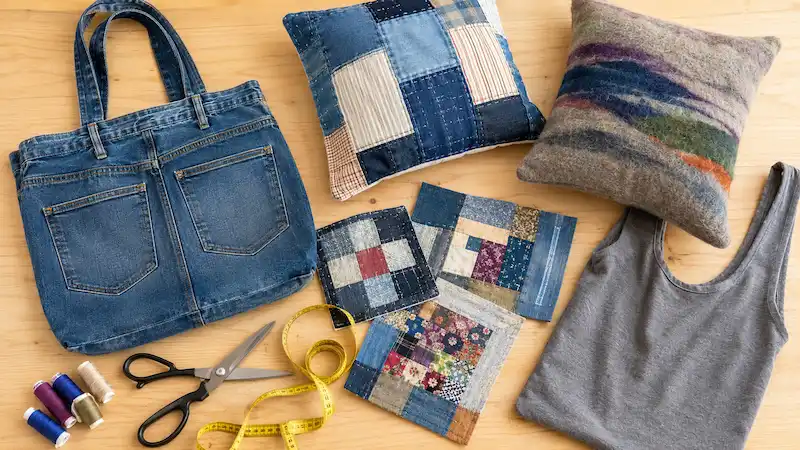Upcycled textile crafts featuring a denim tote bag, patchwork pillow, fabric coasters, quilt squares, and a recycled T-shirt with sewing supplies.