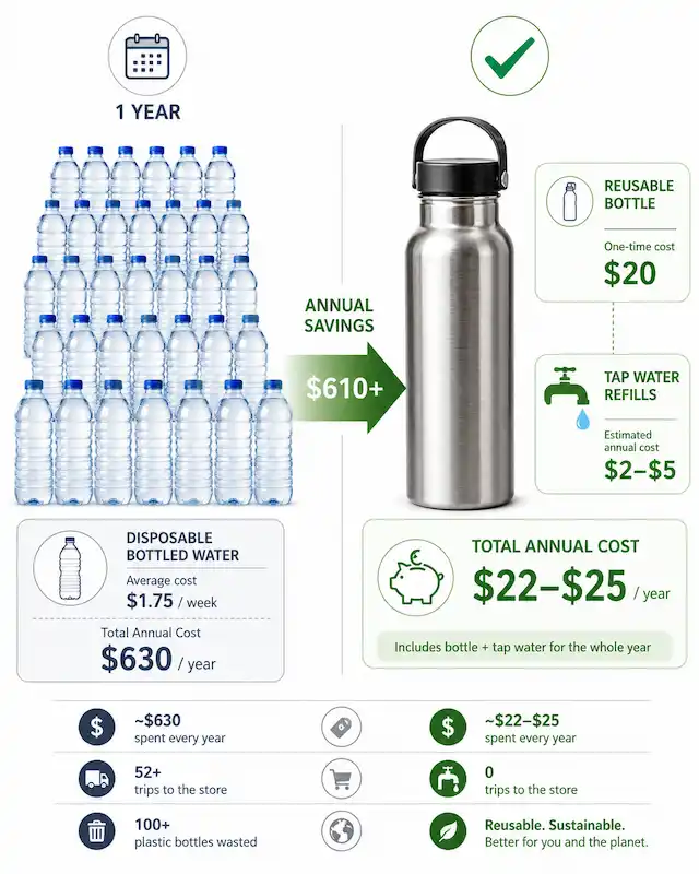 Infographic comparing the annual cost of disposable bottled water versus a reusable stainless steel water bottle, showing over $610 in yearly savings, fewer shopping trips, and reduced plastic waste by switching to tap water refills.